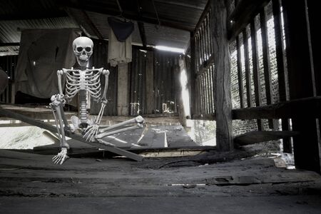 Fake human skeleton sitting in the old abandoned wooden hut, halloween concept.の写真素材