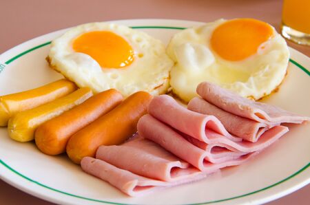 breakfast set with eggs , sausage , hamの写真素材