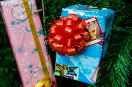 The giftbox with big redbow on the chrismas tree 