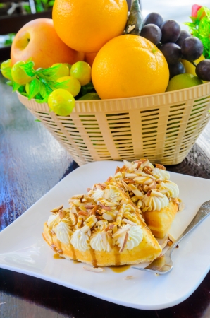 Caramel waffle on the wood table.の写真素材