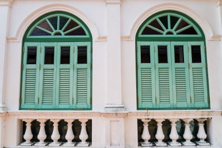 Beautiful green wood windows.の写真素材