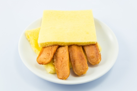 Sandwich sausage on white backgrounds.の写真素材