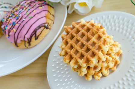 Waffle on white dishの写真素材