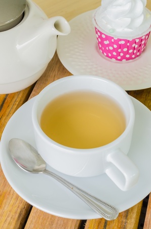tea on the wood tableの写真素材