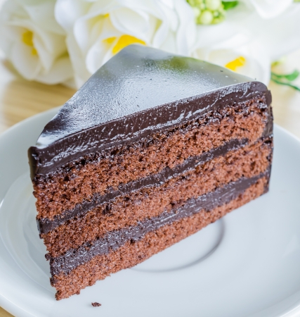Chocolate cake on white dishの写真素材