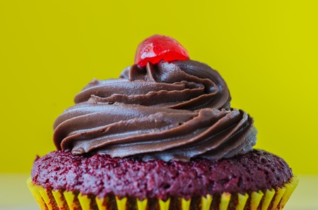Chocolate cupcake with yellow backgroudの写真素材