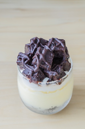 Vanilla soft cake with brownie on topの写真素材