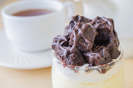 Vanilla soft cake with brownie on topの写真素材