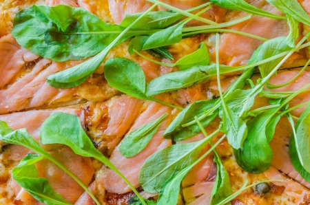 Focus on Pizza smoke salmon (Bird eye view)の写真素材