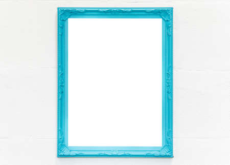 Blue empty frame on the white wallの写真素材