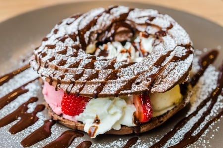 Chocolate chou with strawberry and icecreamの写真素材