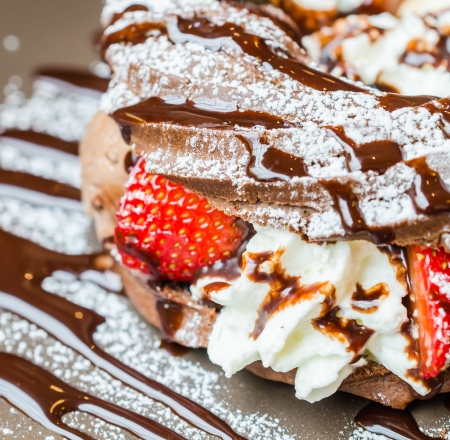 Chocolate chou with strawberry and icecream (Specific focus)の写真素材
