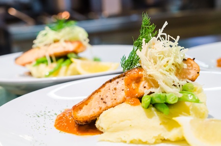 Fish steak with sauceの写真素材