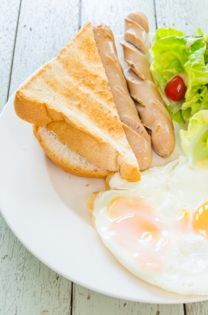 Breakfast on wood tableの写真素材