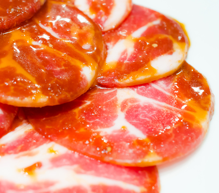 Raw meat pork in white dishの写真素材