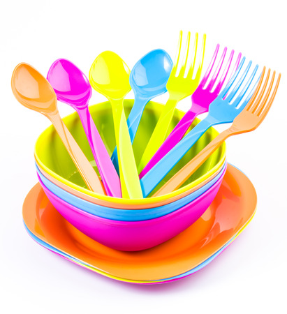 Color plastic tableware dishes , spoon , forkの写真素材