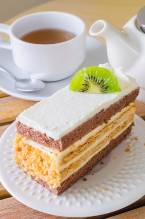 Vanilla cake with kiwi on white dishの写真素材