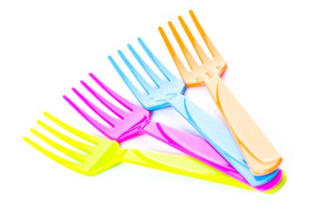 Color plastic tableware dishes , spoon , forkの写真素材