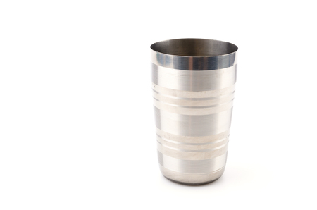 Stainless steel cup isolated white backgroundの写真素材