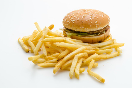Hamburger french fries isolated on whiteの写真素材