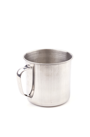 Stainless steel cup isolated white backgroundの写真素材