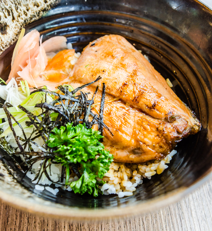 Salmon teriyaki on riceの写真素材