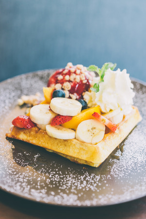 Fruits waffle with ice cream - Processing still life effect style picturesの写真素材