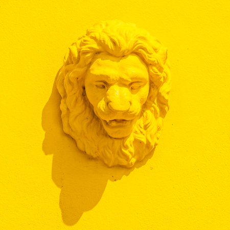 Lion head statue on yellow backgroundの写真素材
