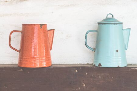 Jars decoration on wall - vintage film effect styleの写真素材