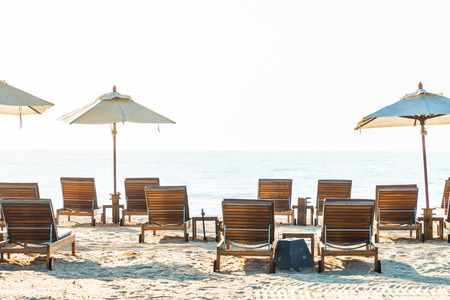 Beach bed with sun flare twilight timeの写真素材