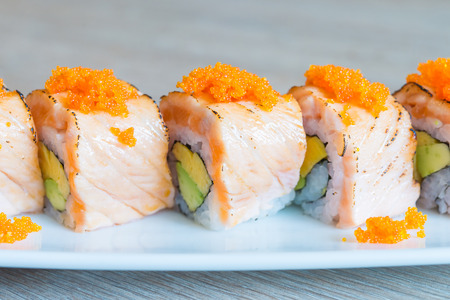 Salmon sushi roll japanese food style - selective focus pointの写真素材