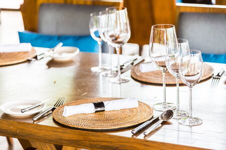 Selectiv soft focus on Wine glass on dining table in restaurantの写真素材