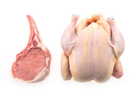 Raw chicken meat and pork lamb meat isolated on white backgroundの写真素材