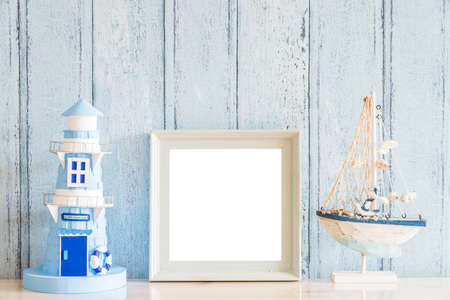 Vintage wood Blank photo frame with summer concept designの写真素材