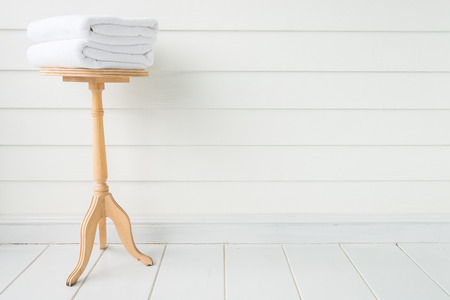 Towel bath on wood tableの写真素材