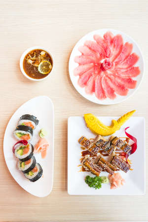 Top of view sushi roll and maki - Japanese food styleの写真素材