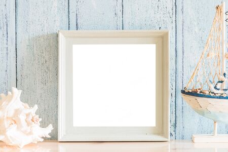Vintage wood Blank photo frame with summer concept designの写真素材