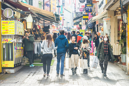 Seoul,South Korea - November 01,2015 : More Peoples shopping at Myeongdong market shopping street in Seoul city Koreaのeditorial素材