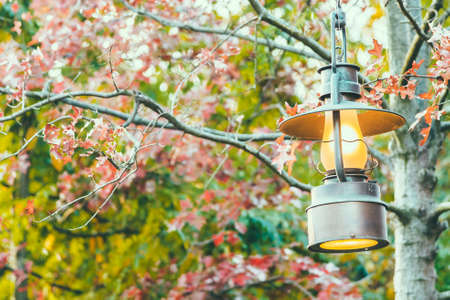 Old lantern with outdoor view in autum season - vintage filterの写真素材