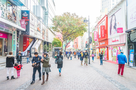 Seoul,South Korea - November 01,2015 : More Peoples shopping at Myeongdong market shopping street in Seoul city Koreaのeditorial素材