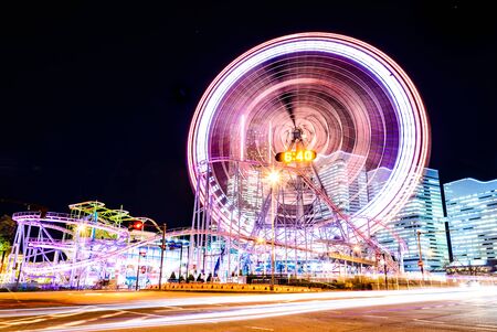Beautiful cityscapre Yokohama skyline and Ferris wheel at nightのeditorial素材