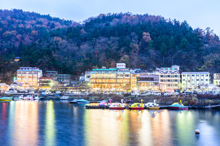 Lake Kawaguchiko and city at Twilight timesのeditorial素材