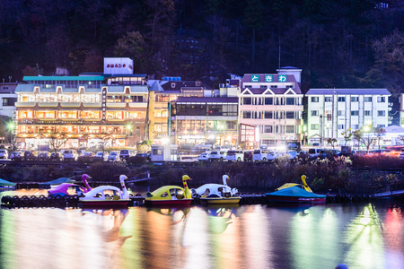 Lake Kawaguchiko and city at Twilight timesのeditorial素材