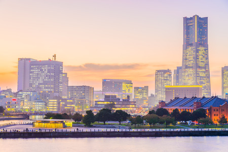 Yokohama skyline city at sunset timesのeditorial素材