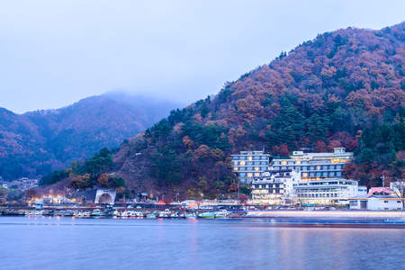 Lake Kawaguchiko and city at Twilight timesのeditorial素材