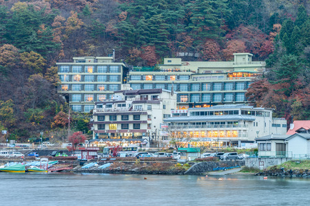Lake Kawaguchiko and city at Twilight timesのeditorial素材
