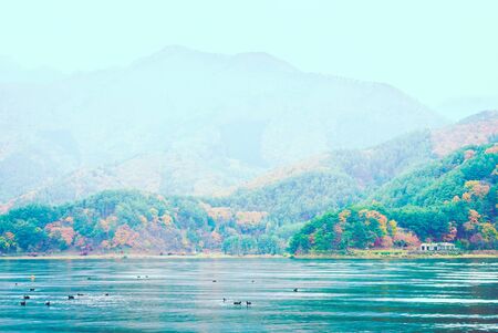 Beautiful Lake Kawaguchiko - vintage filterの写真素材