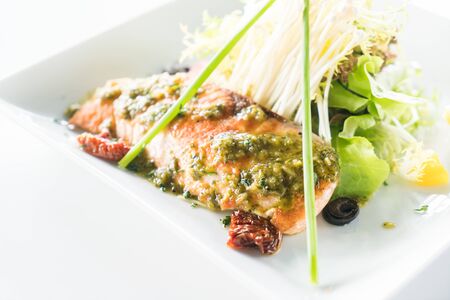 Selective focus point on Salmon steak filletの写真素材