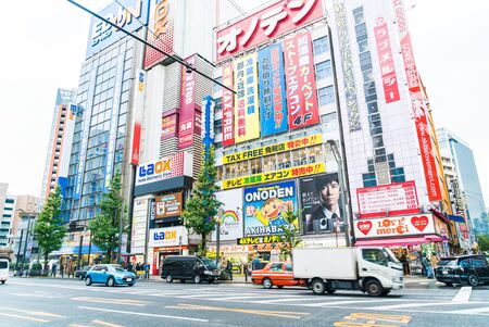 TOKYO, JAPAN - November 26, 2015: Crowded people traffic passes with colorful signs at Akihabara. The electronics and Toys district in Tokyo Japan.のeditorial素材