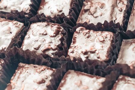 Selective focus point on Chocolate brownie - vintage filter